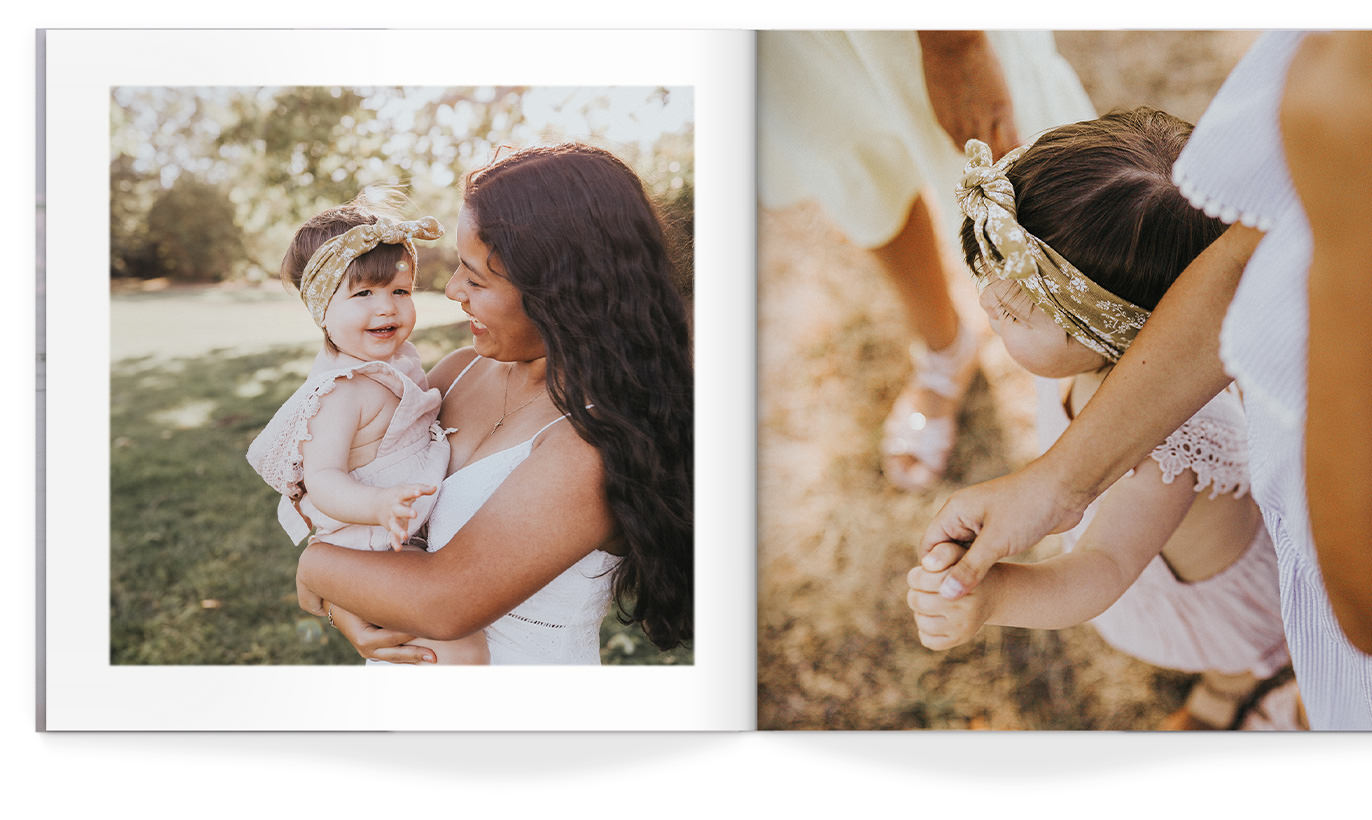 Luxe Softcover Photo Book open with family image.