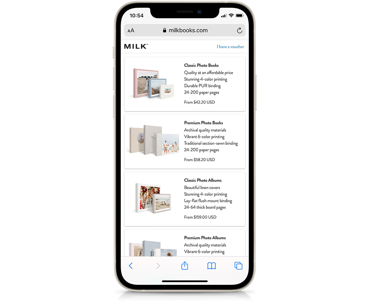 Phone showing Product select screen of MILK Mobile Design Studio
