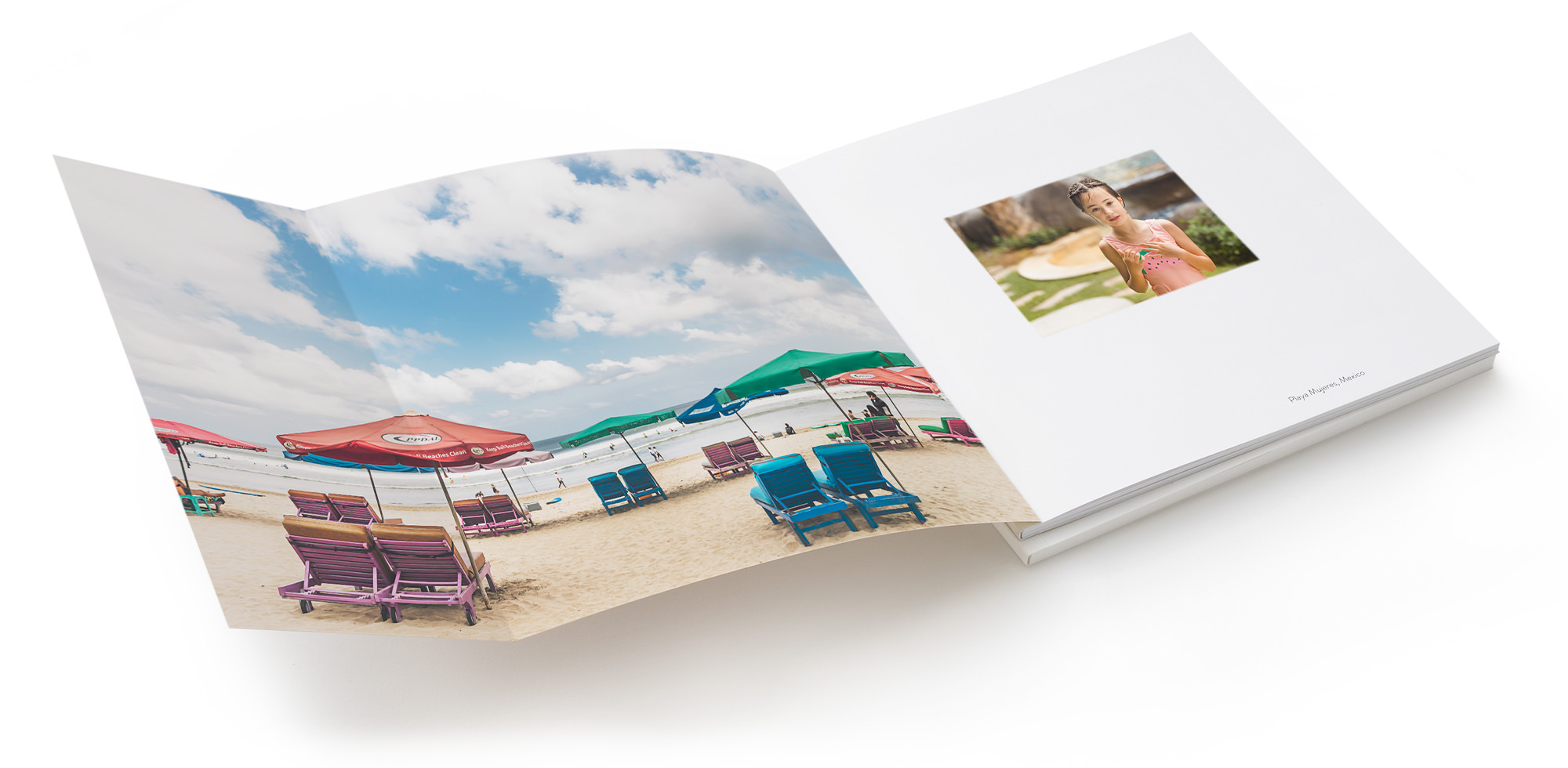 Open Softcover Photo Book showing fully extended inside cover with beach image