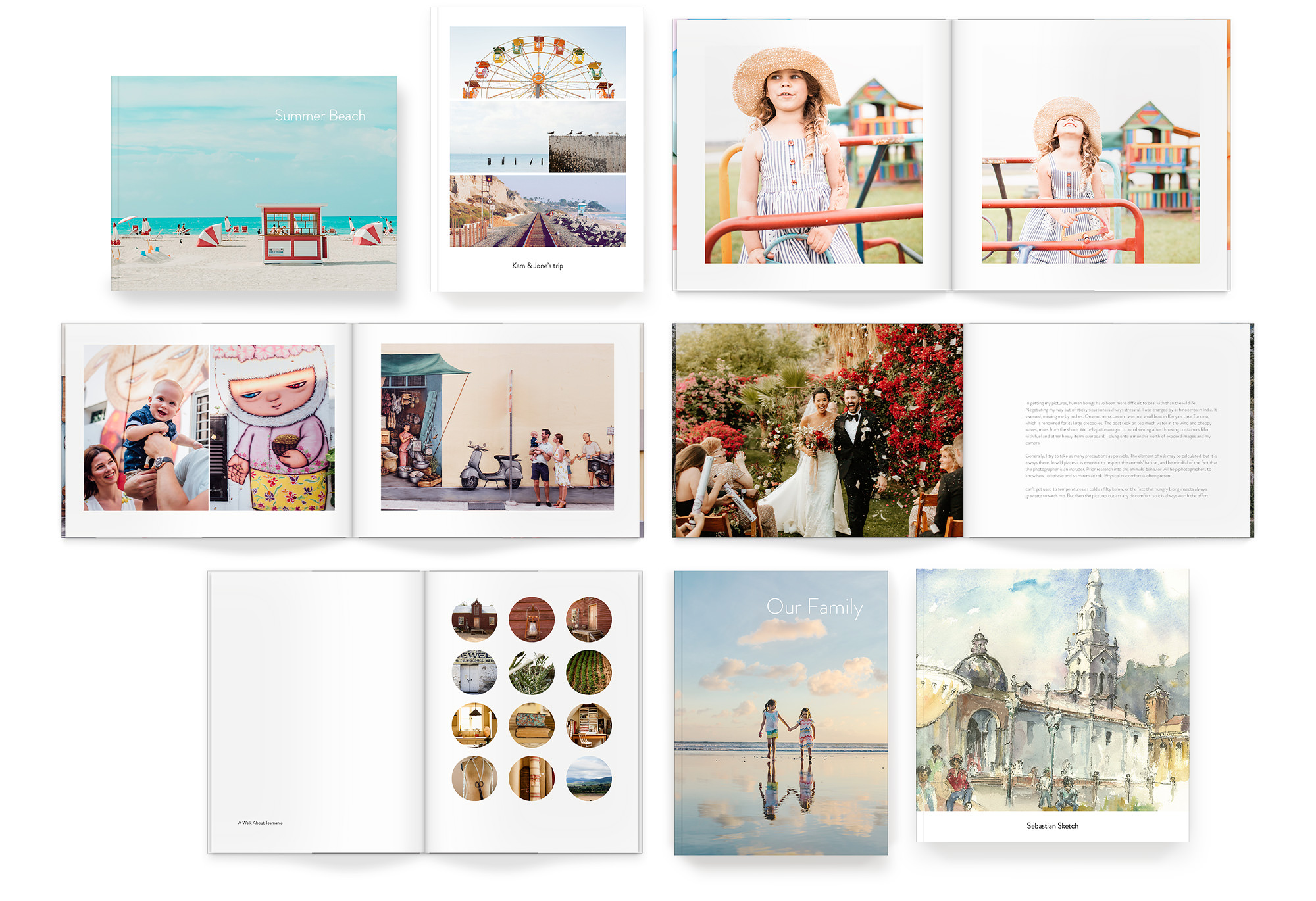 Eight Softcover Photo Books showing a variety of designer template options