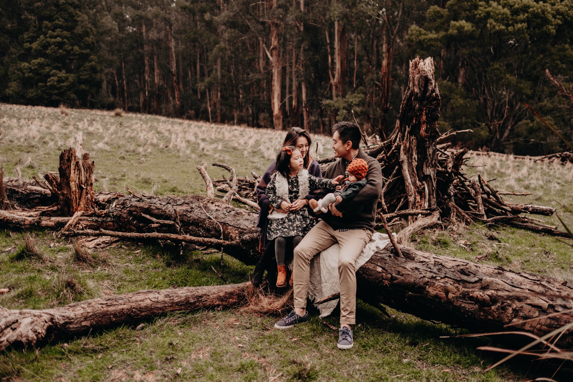 Family of four autumn portrait in forest