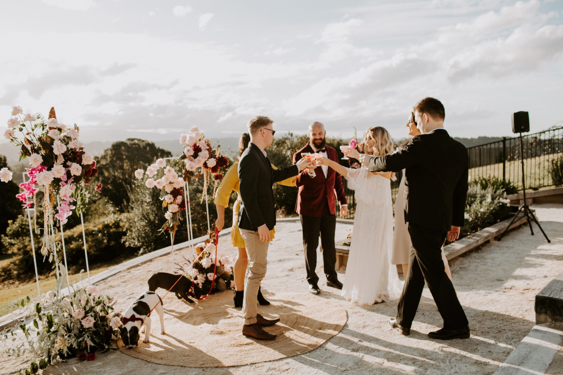 Newlywed couple toasting with their wedding guests