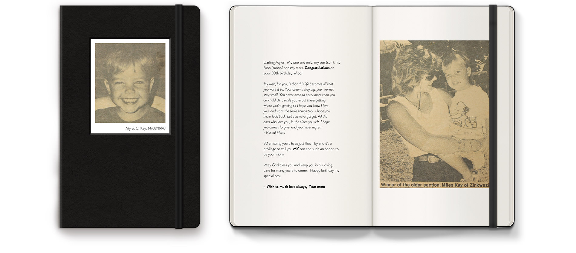 Portrait Moleskine photo book with old black and white image of mother and son and text