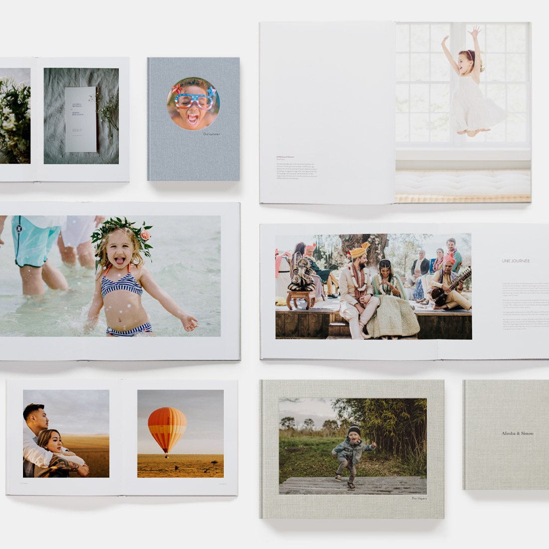 Colección de fotolibros con diferentes opciones de plantillas para páginas dobles y cubiertas.