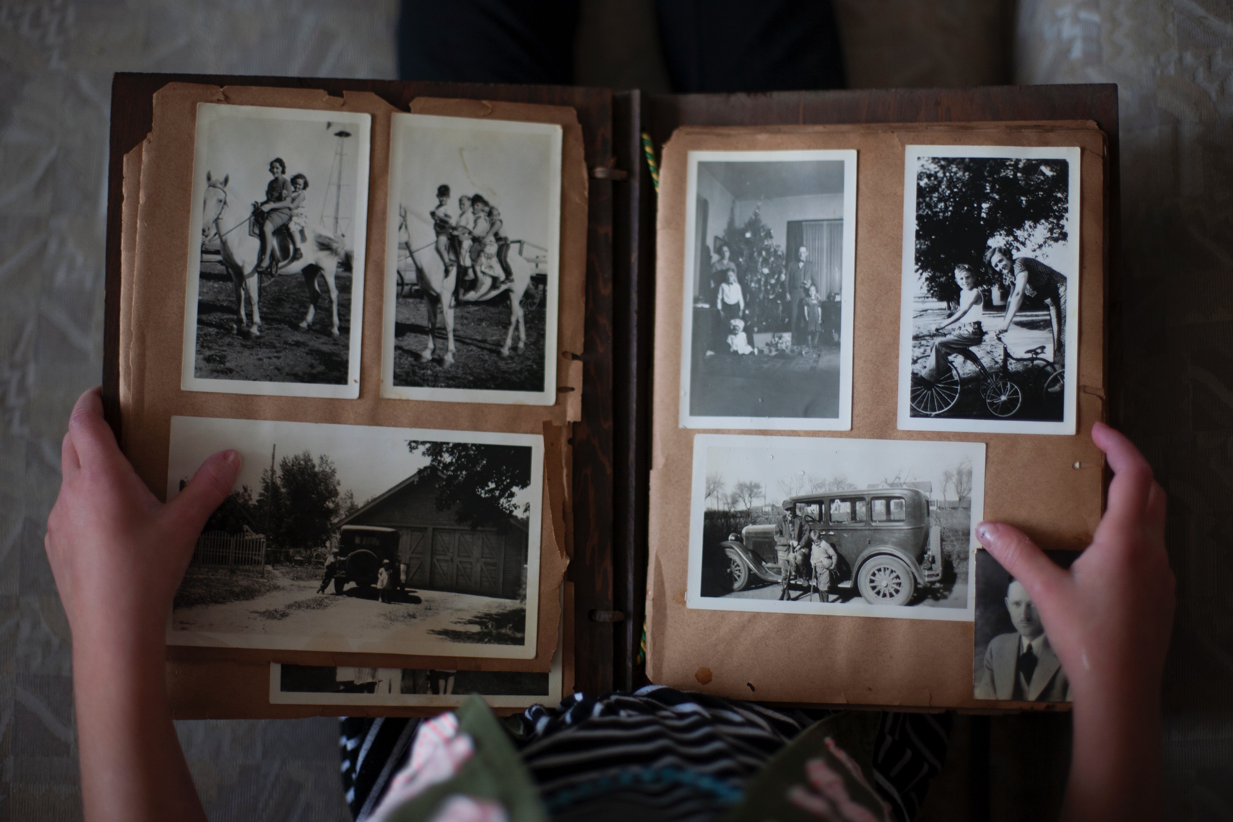 Petit enfant regardant des photos anciennes en noir et blanc dans un vieil album photo.