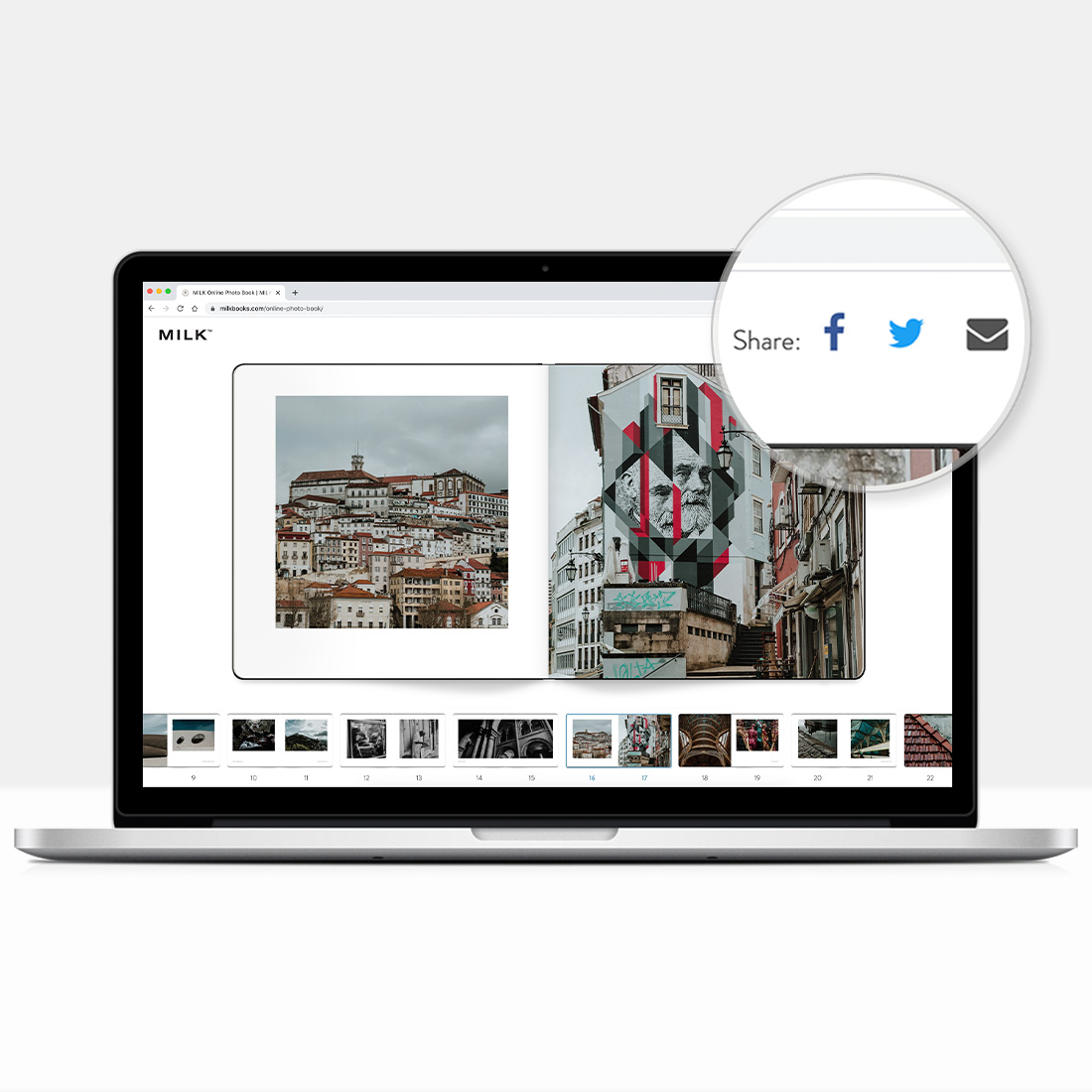 Laptop open to show preview of online Moleskine Photo Book