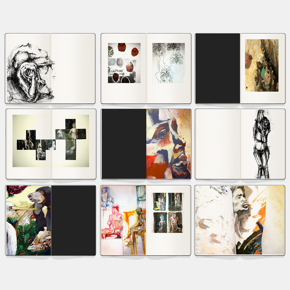 Neun verschiedene Moleskine-Fotobücher mit abstrakter Kunst.