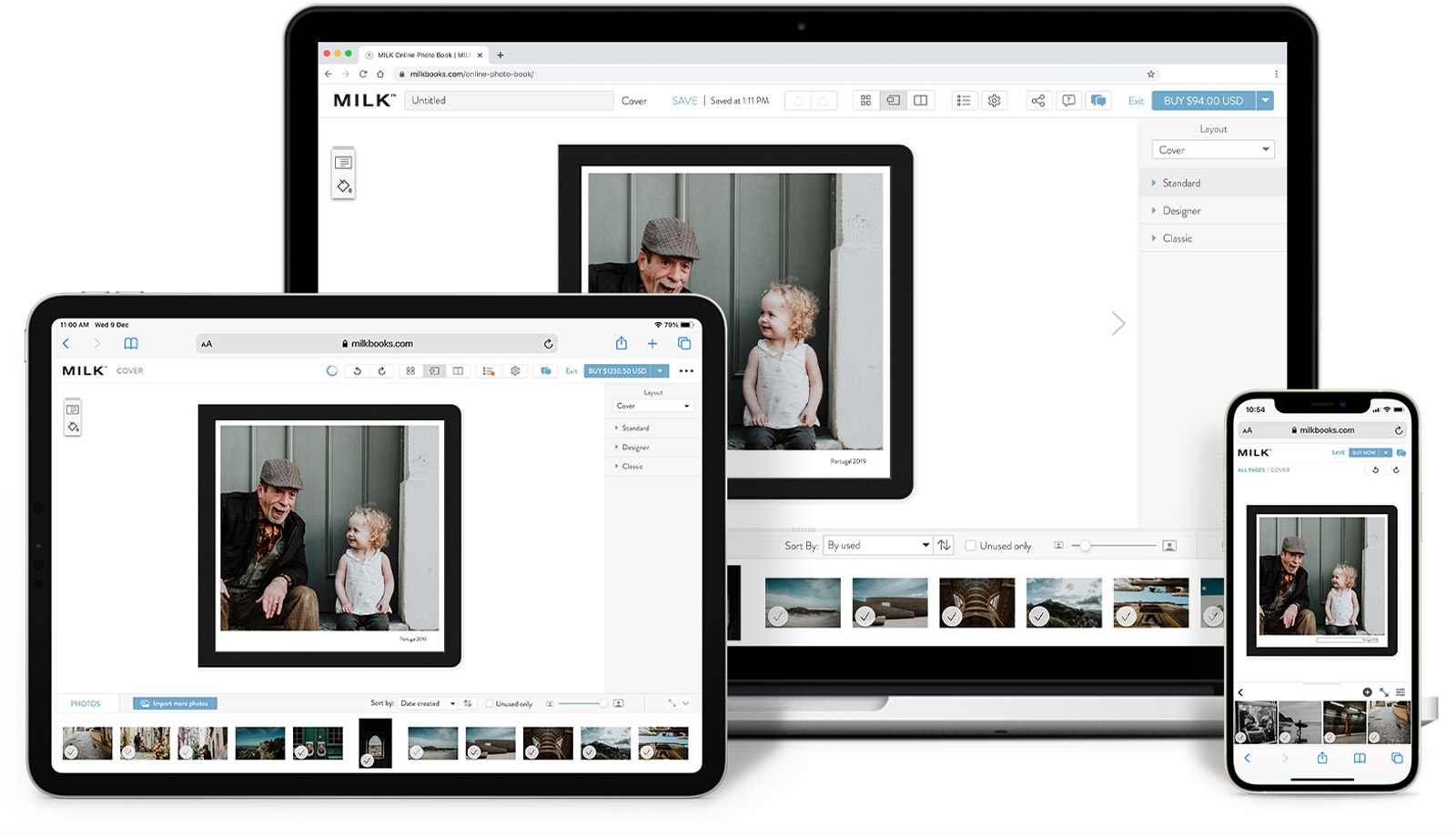 Screen of online MILK design studio open on desktop, tablet and mobile devices