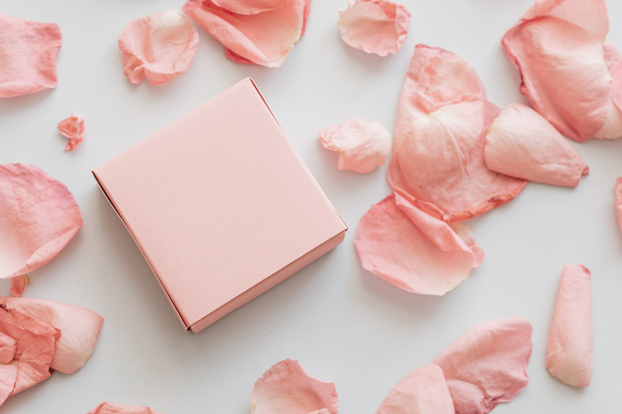 Pink gift box surrounded by flower petals