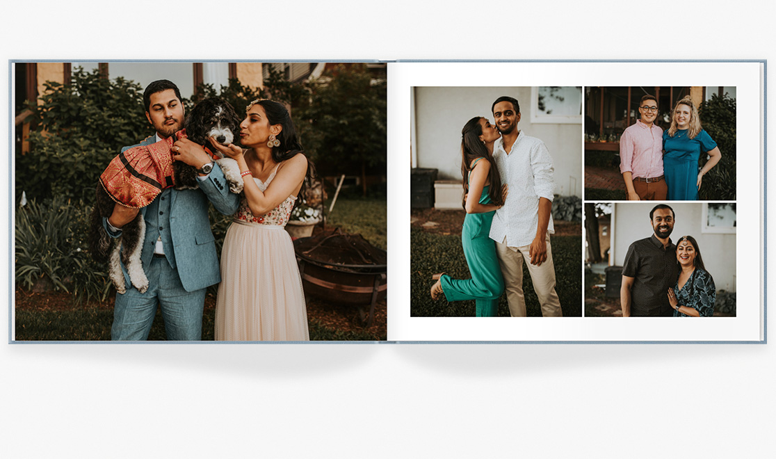 Open Photo Book showing photos of newlyweds posing with pet dog