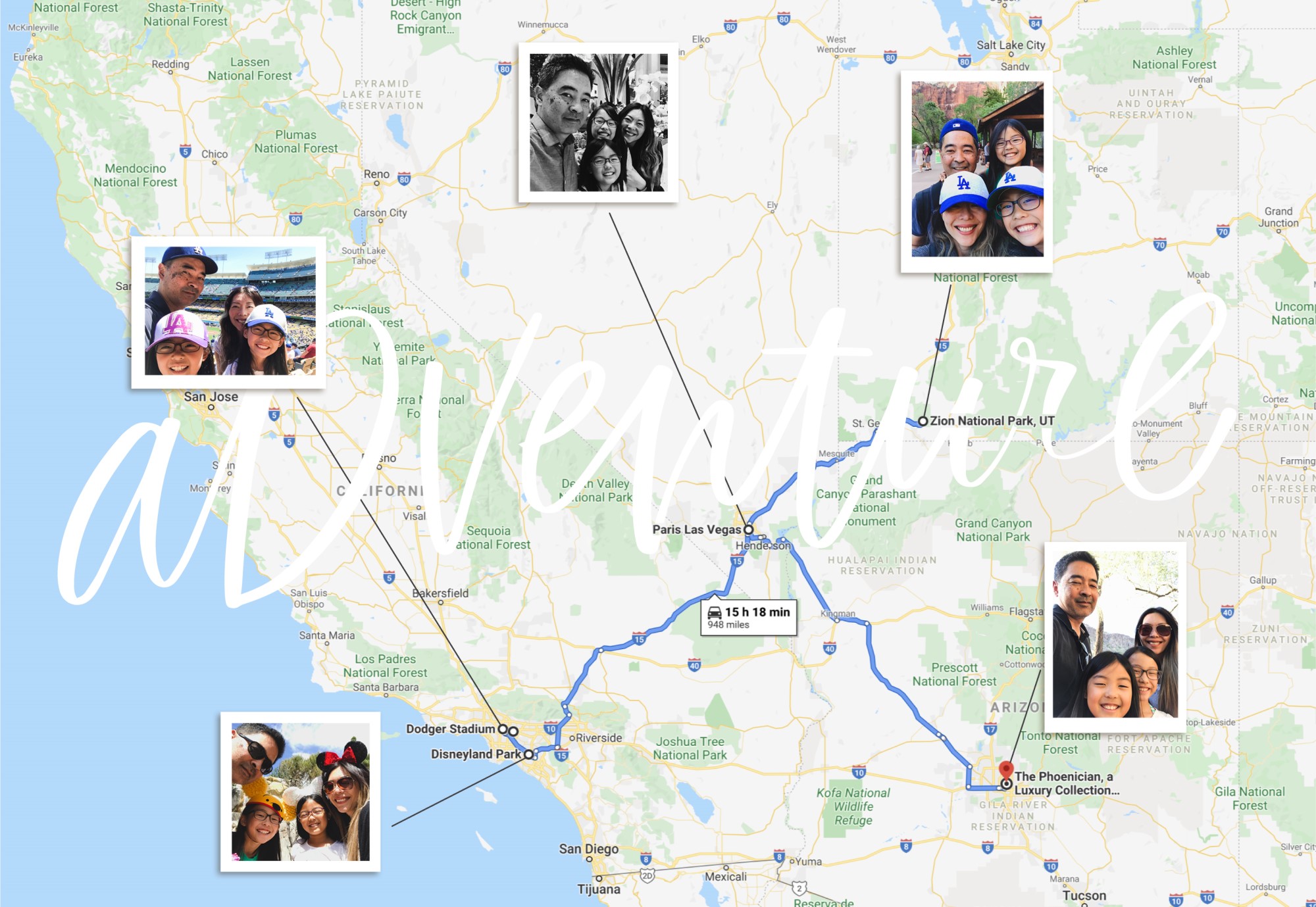 Map showing route of family road trip