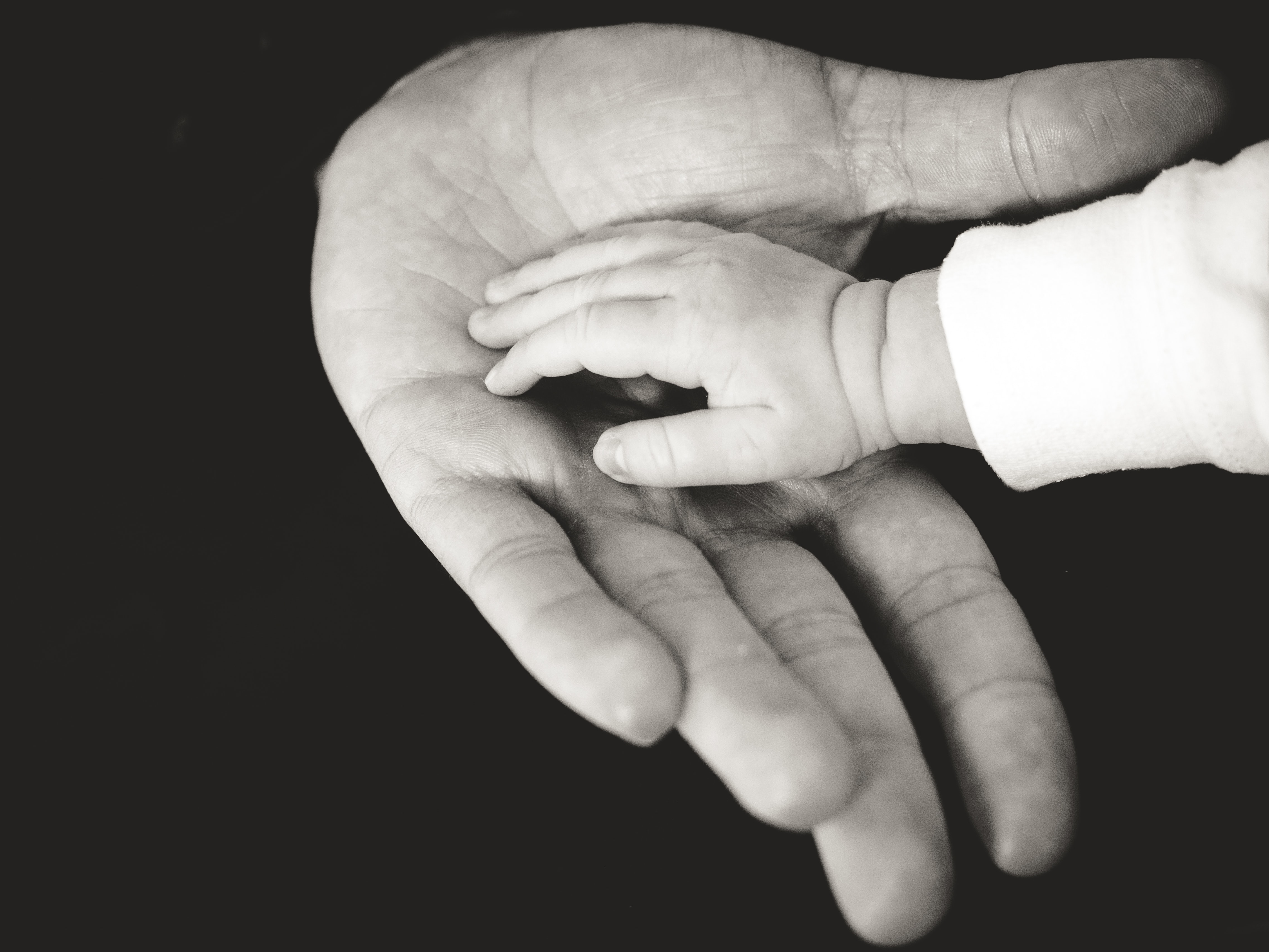 Image en noir et blanc de la main d'un bébé dans celle d'un adulte.