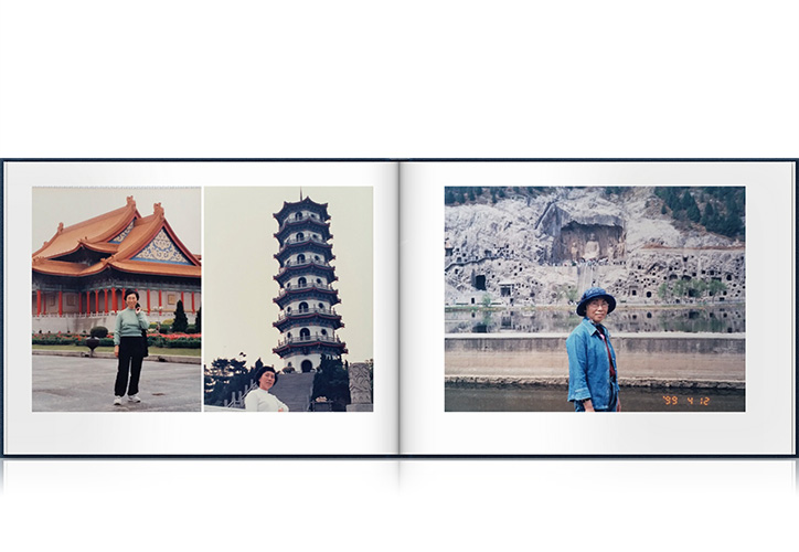 Open photo book showing spread of three photos