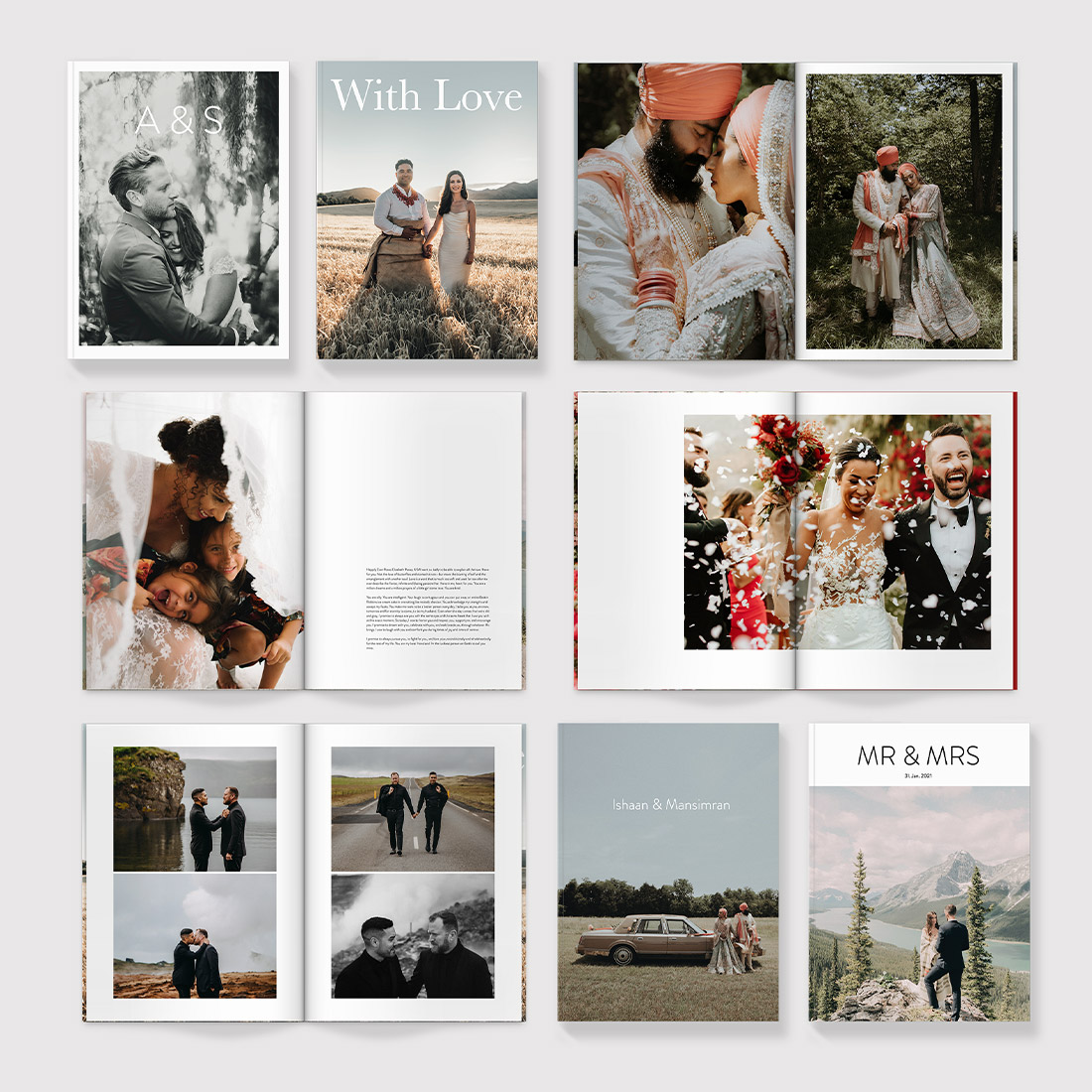 Molteplici riviste di matrimonio che mostrano opzioni di modelli di immagini.