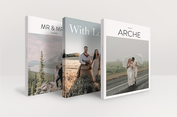 Tres revistas de boda MILK en posición vertical.