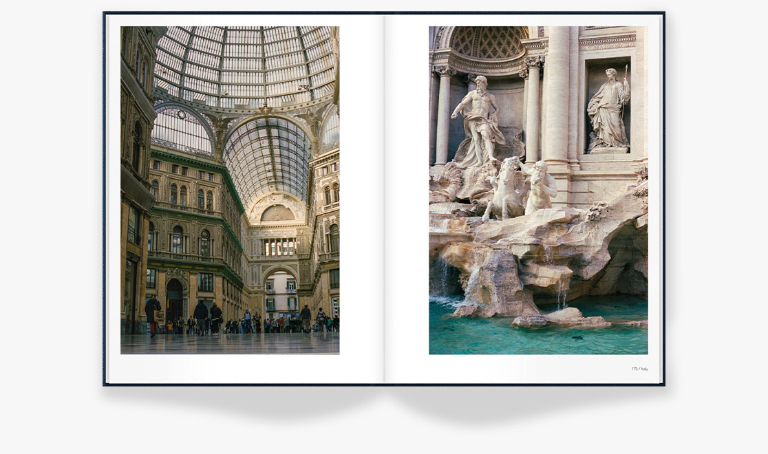 Open photo book showing spread of travel images in Italy