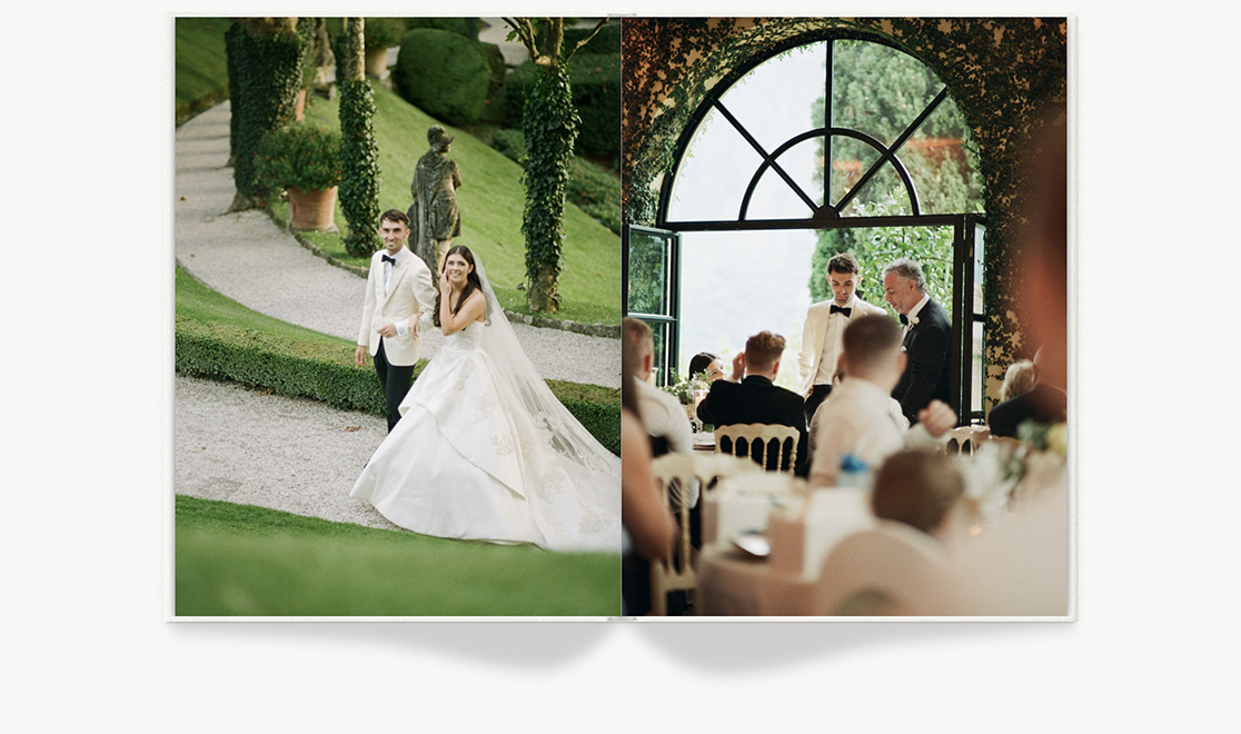 Open photo book showing images of wedding day