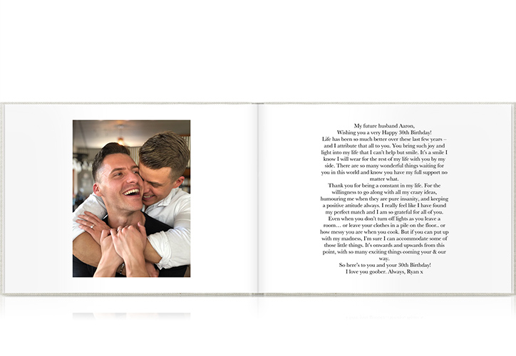 Open photo book showing spread images and text