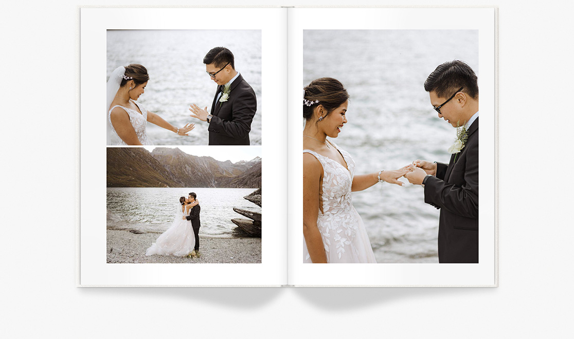 Book of wedding couple at beach