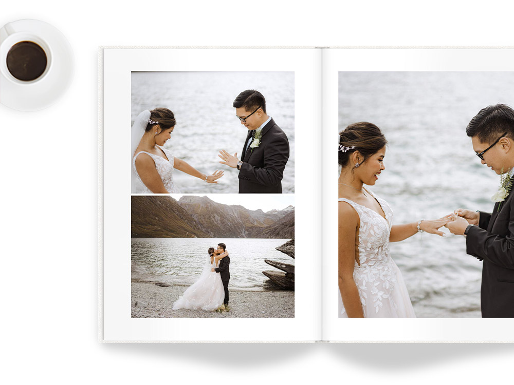 Open wedding photo album showing wedding portraits