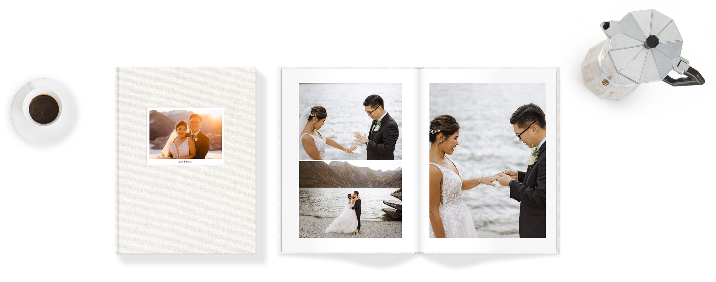 Open wedding photo album showing wedding portraits