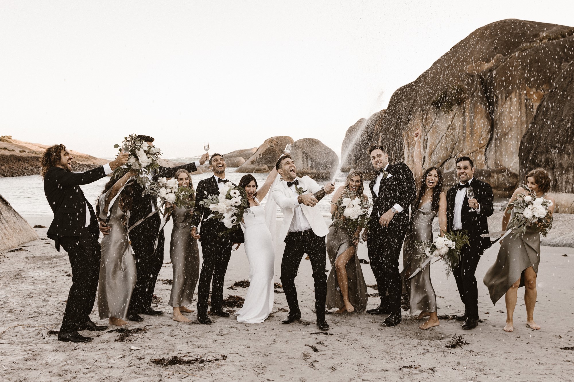 Newlyweds and bridal party toasting their marriage