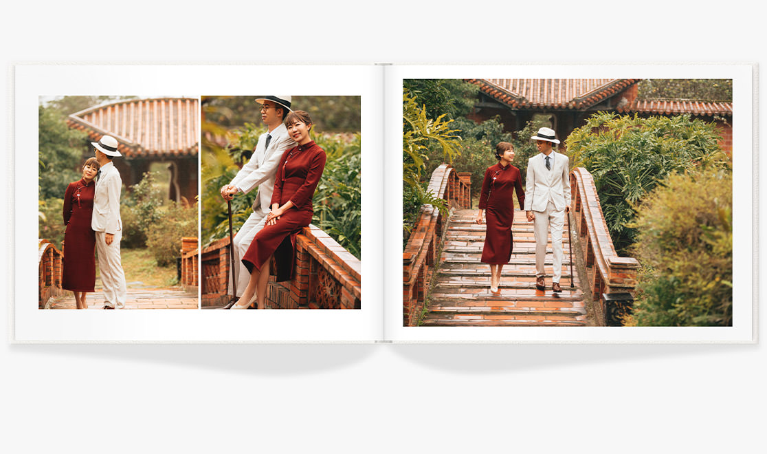 Open photo album showing spread of wedding photos