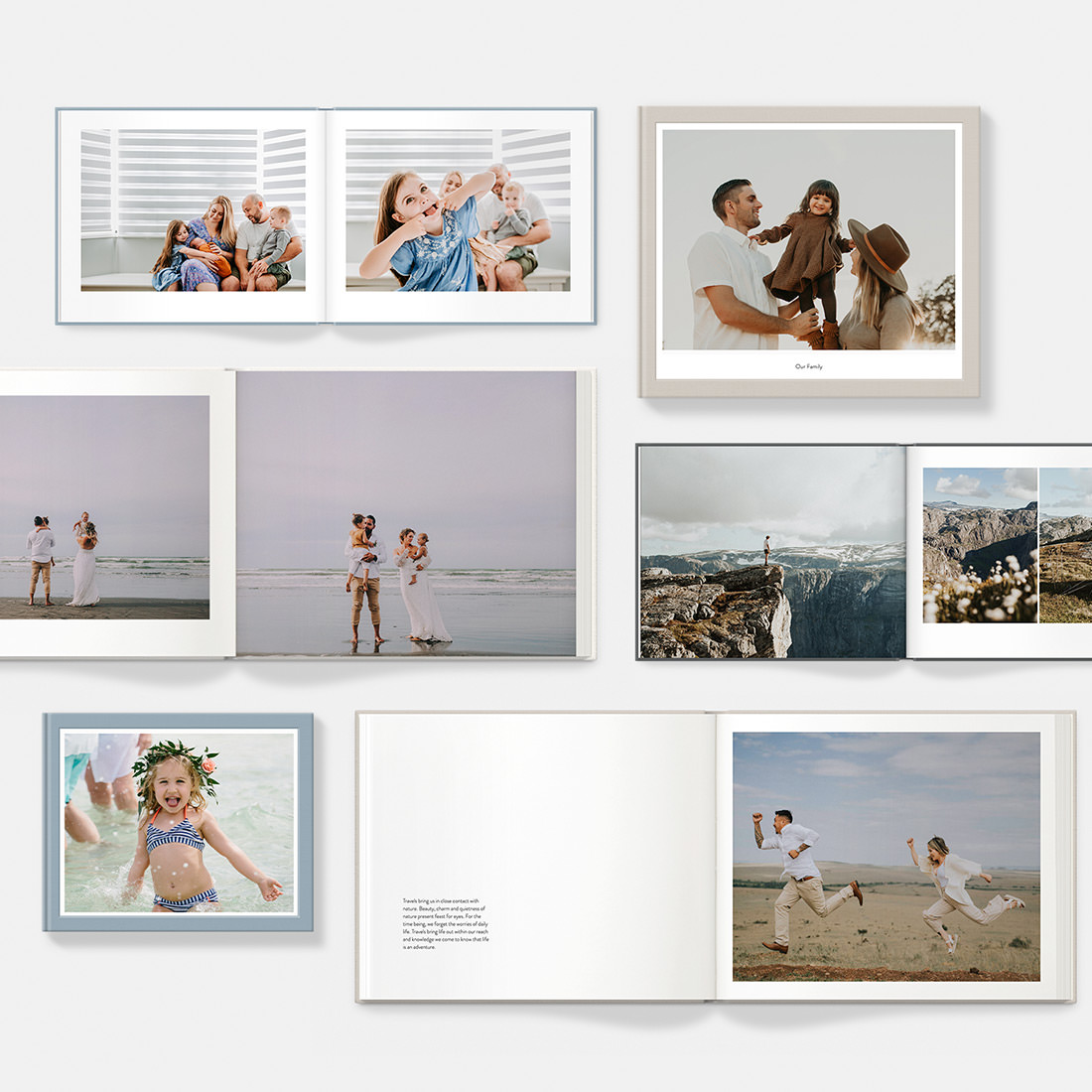 Range of classic photo books with various spread designs.