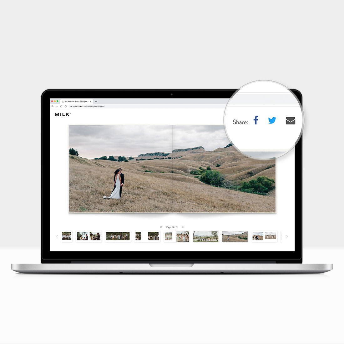 Open laptop with classic square phooto album on-screen, with close-up of flipbook sharing feature through Facebook, Twitter and Email