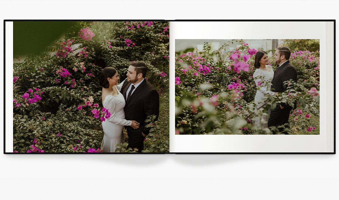 Double page spread of wedding amongst flowers
