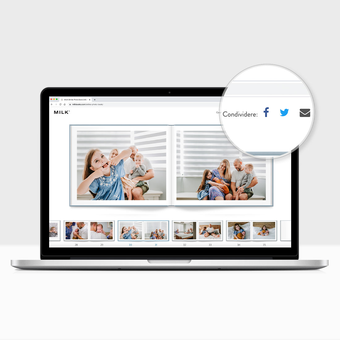 Lo studio di design di fotolibri e album fotografici MILK mostra come condividere flipbook online gratuiti tramite Facebook, Twitter ed e-mail.