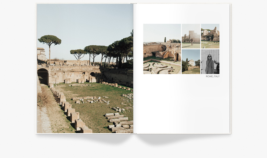 Double page book spread showing travel pictures
