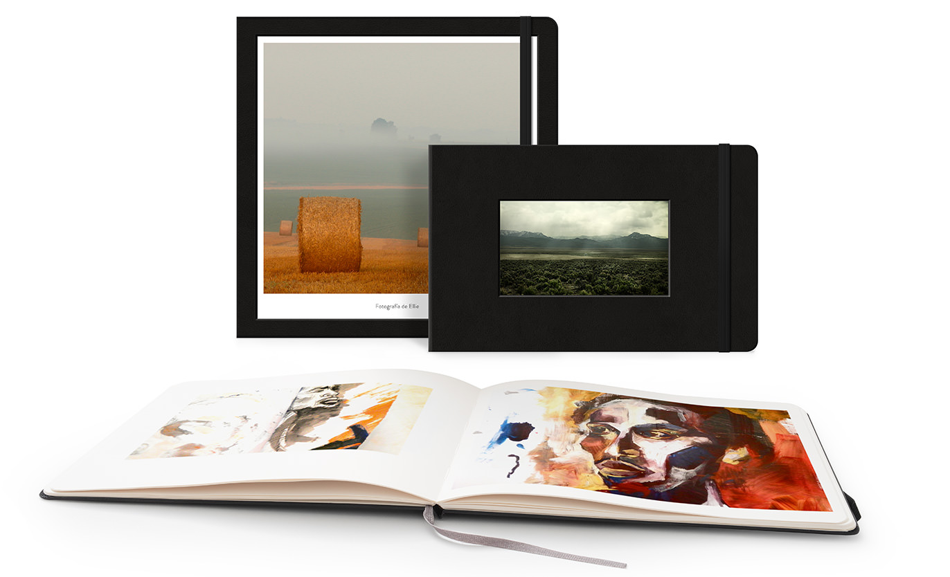 Tres libros de fotos Moleskine con imágenes de paisajes y arte.