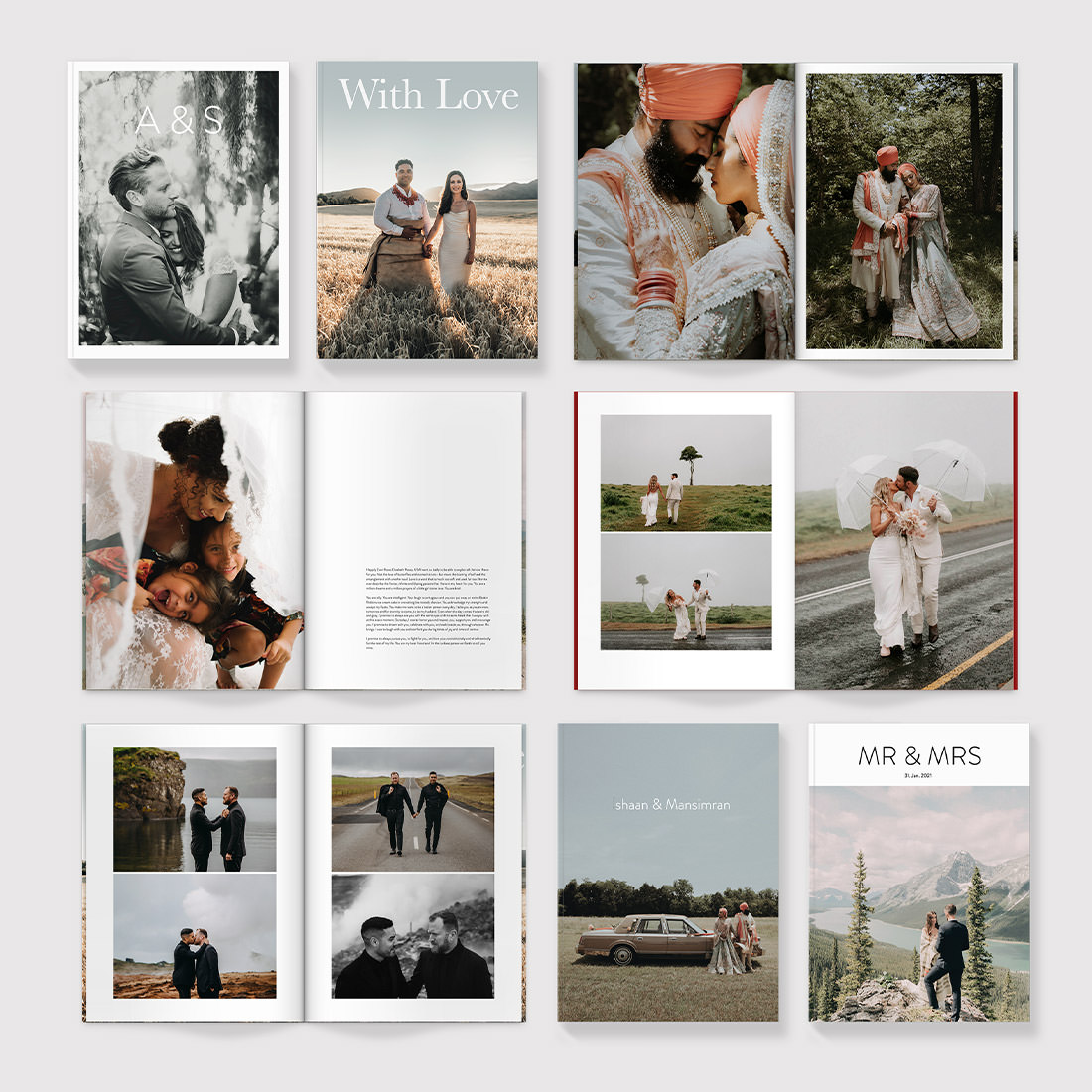 Multiple wedding magazines showcasing image template options