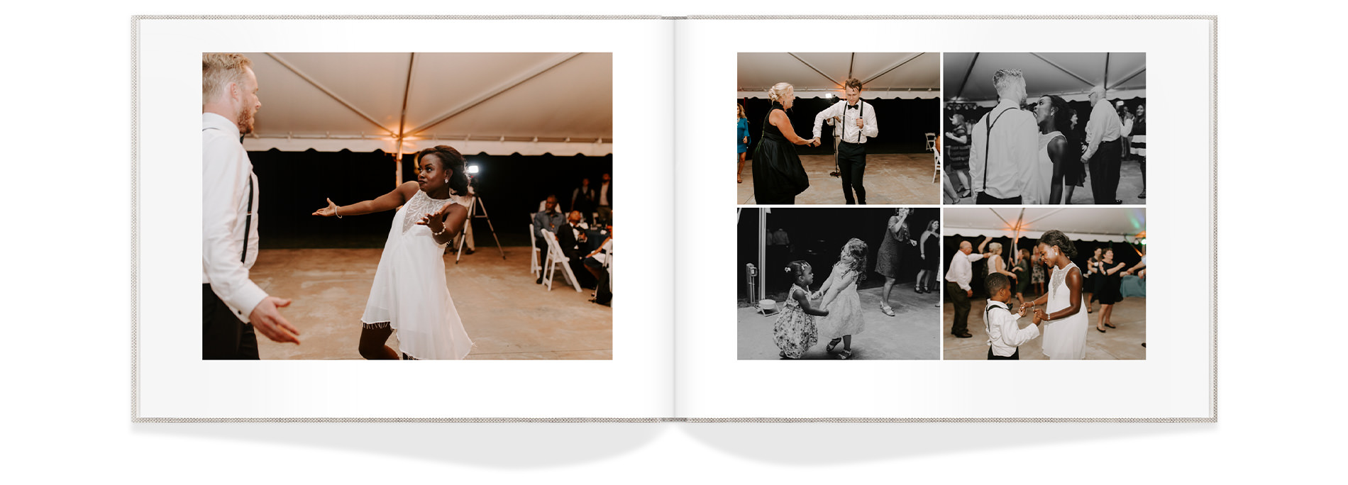 Open wedding photo book with images of guests dancing
