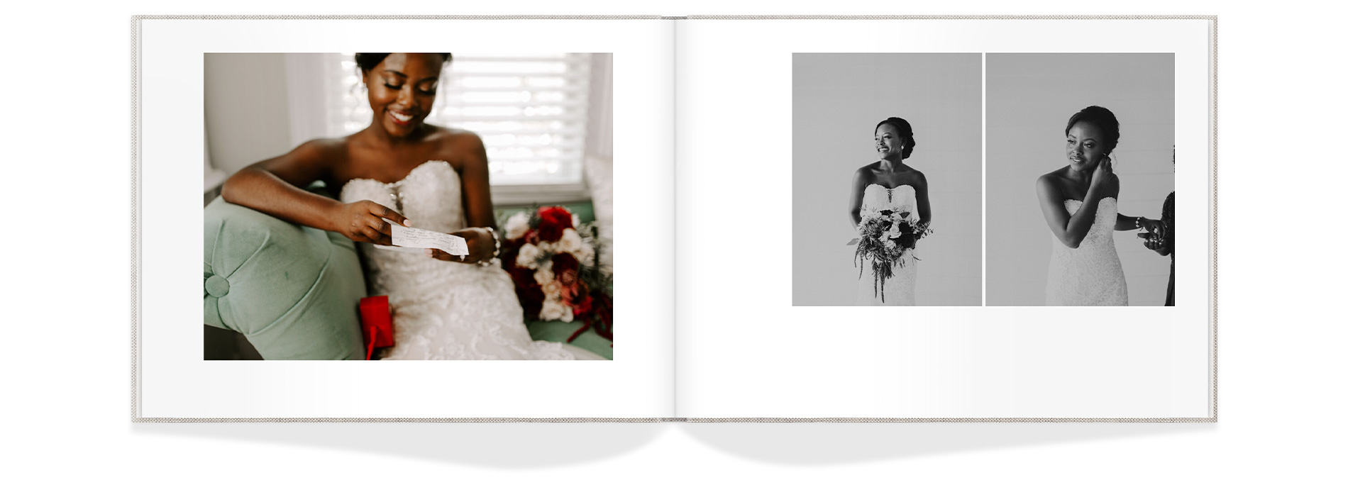 Álbum de fotos de boda con imágenes de una novia preparándose.