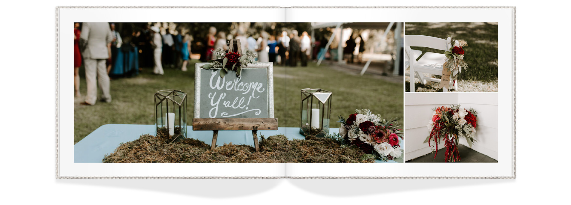 Open wedding photo album with photos of wedding venue signage and florals