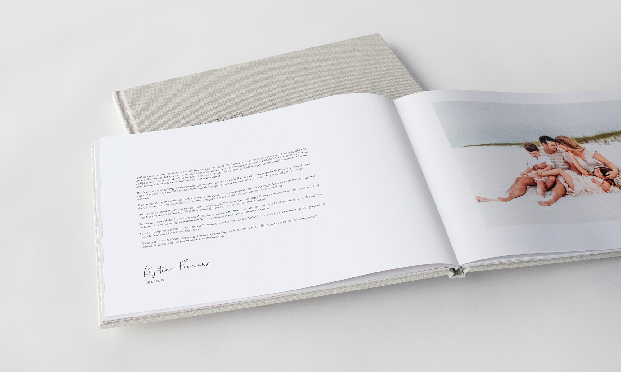 Open premium photo book showcase Sonneta Script and sans serif font