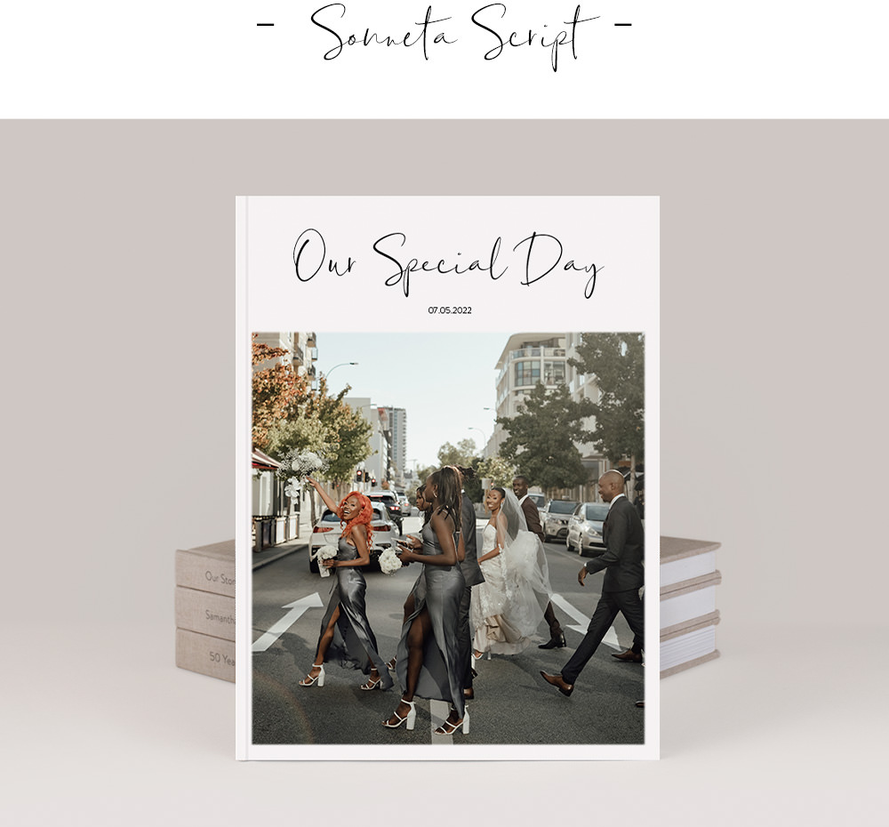Premium Photo Book with Sonneta Script font title