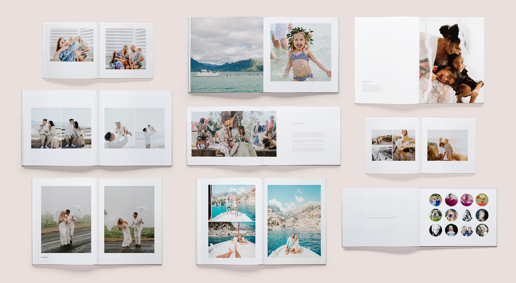 Neun aufgeschlagene Fotobücher mit MILK-Designvorlagen.