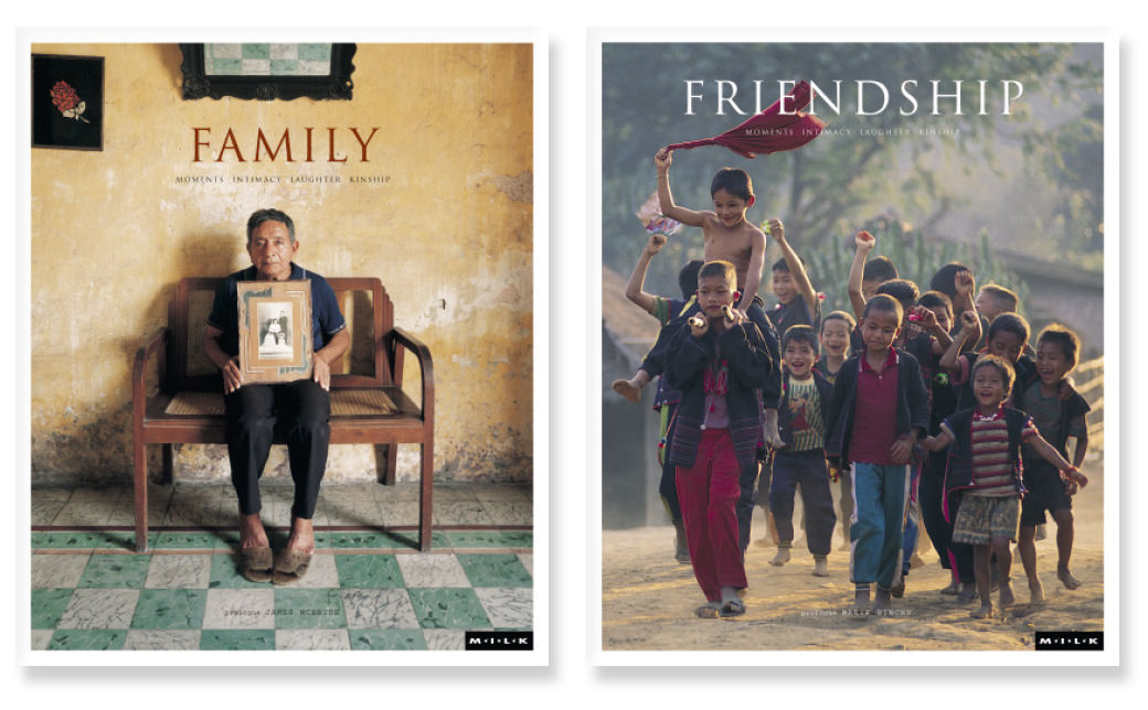 MILK covers with titles "Family" with a man holding a framed photo of his family and "Friendship" with walking children