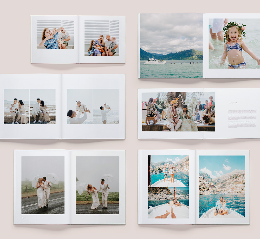 Neun aufgeschlagene Fotobücher mit MILK-Designvorlagen.