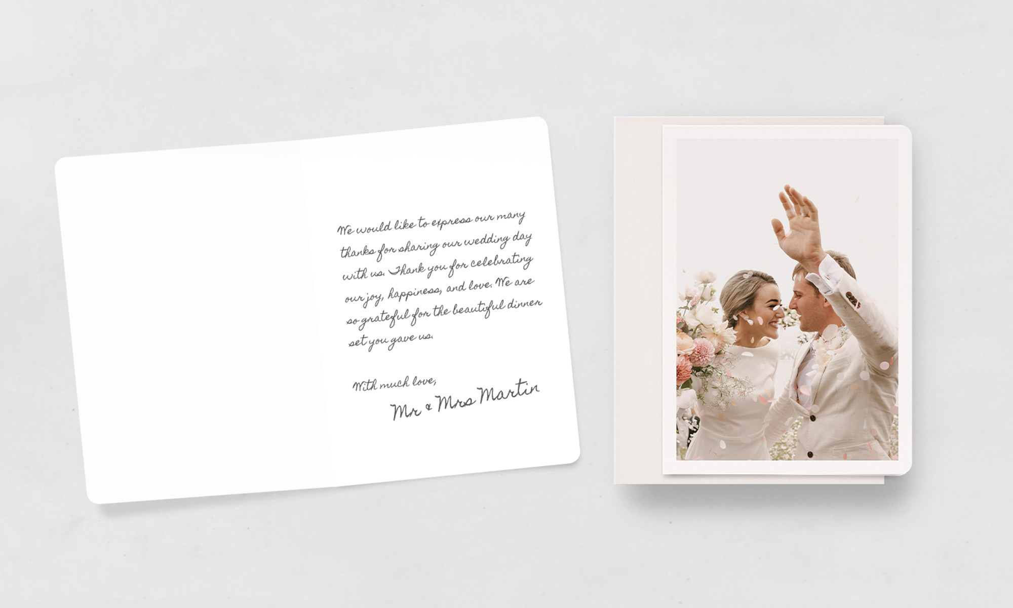 Inside and outside of wedding thank you cards
