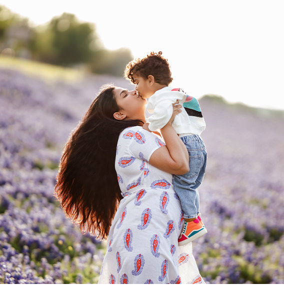 Woman and toddler in field of lavendar