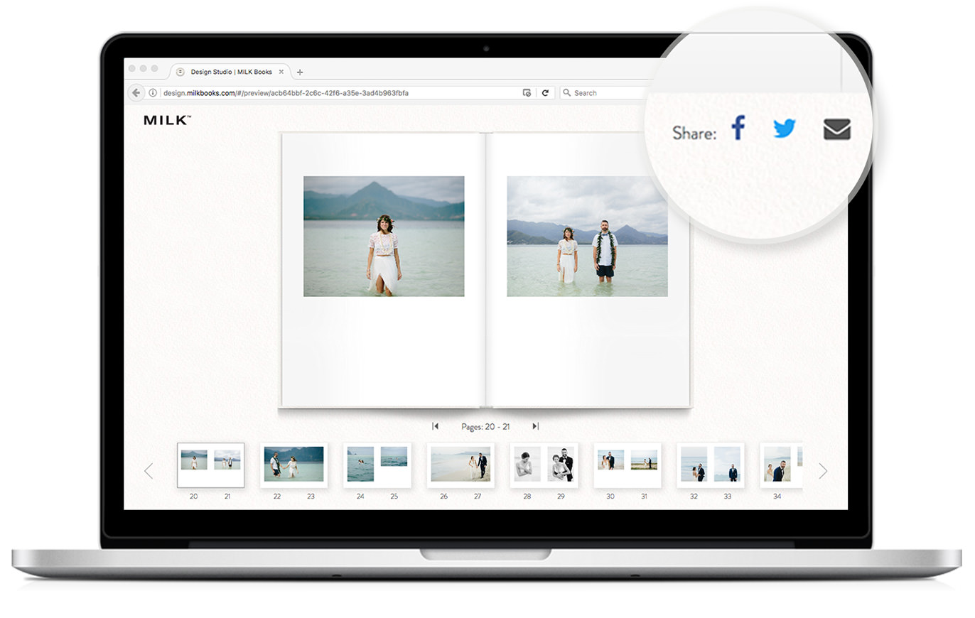 Laptop aberto mostrando o álbum de fotos online do álbum de casamento de um cliente. Grande plano da função parcial através das mídias sociais.