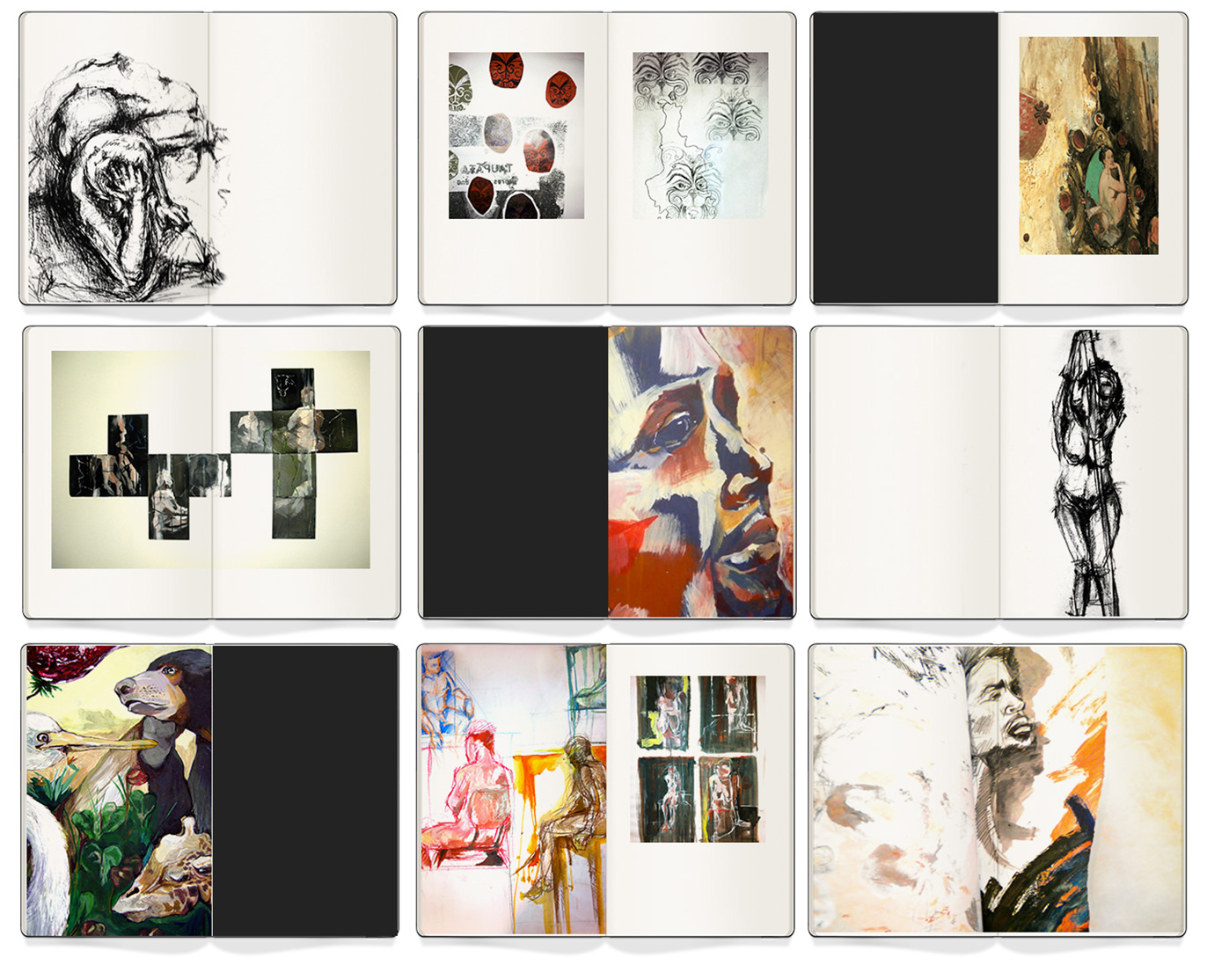 Nove diferentes livros fotográficos Moleskine com arte abstrata.
