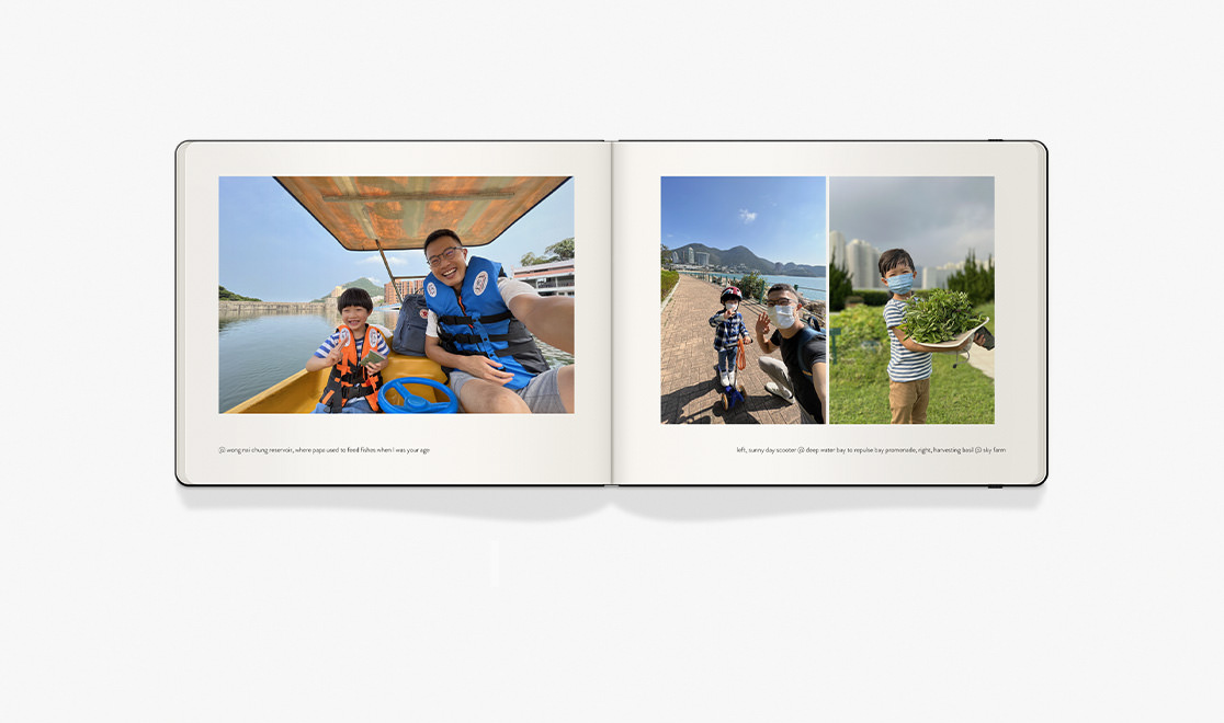 Photo book with photos of a father and son doing activities together