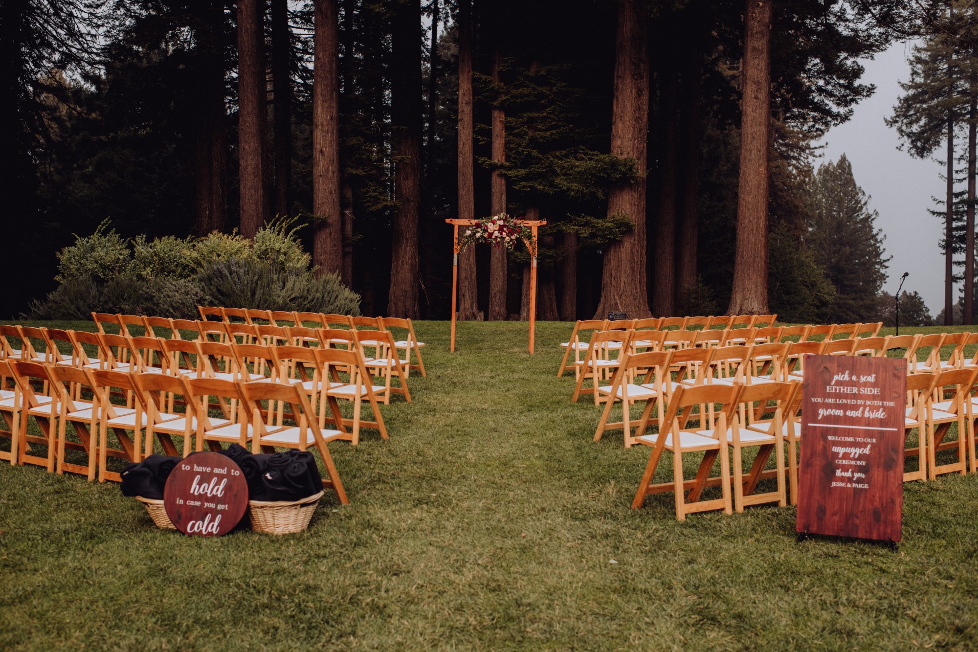 Forest wooden wedding aisle ceremony decorations