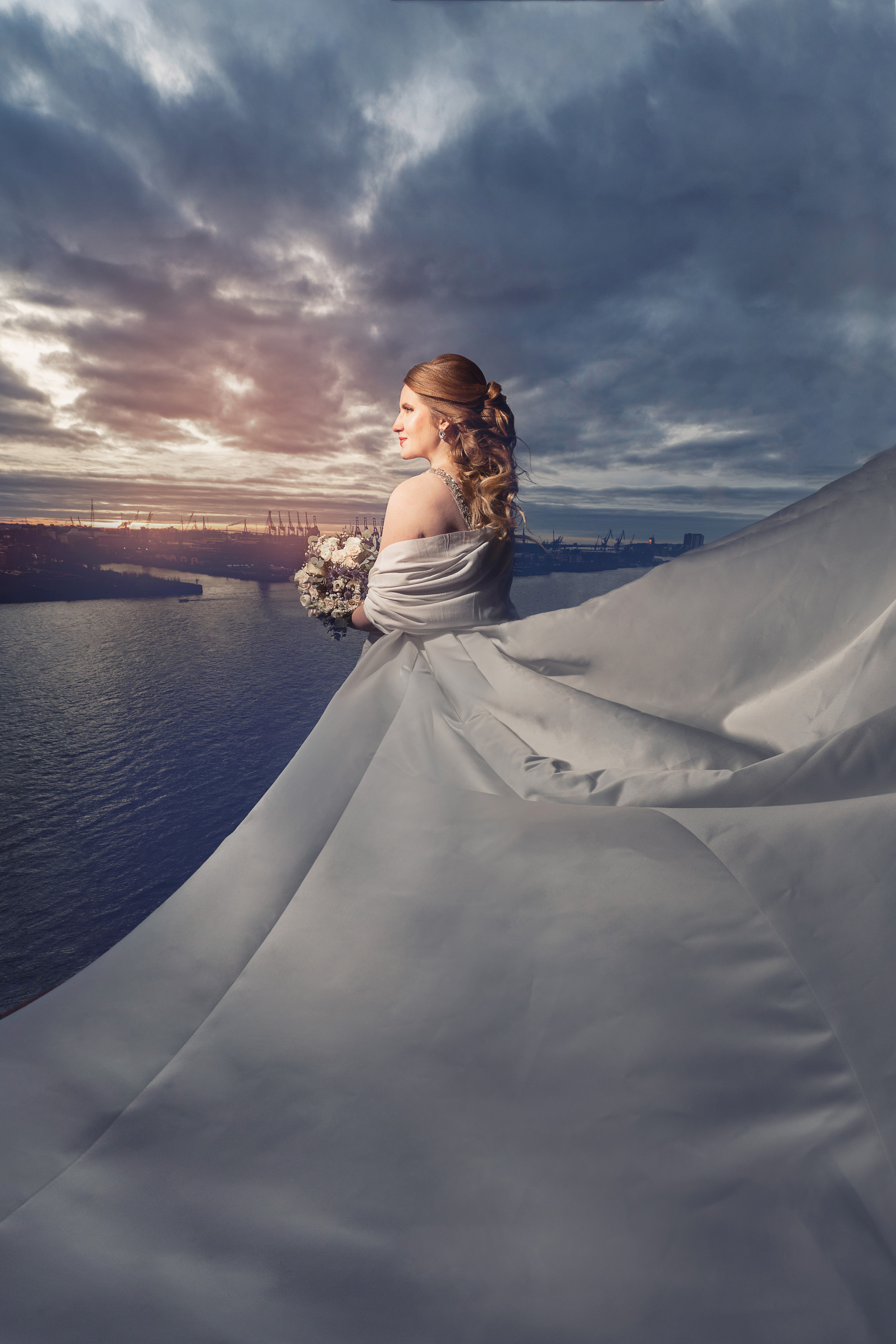 Braut in weißem Hochzeitskleid.