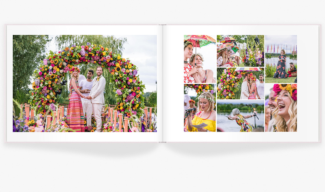 Open landscape photo book with bright colorful wedding with shades of pink and yellow and floral themed - bride wears pink dress